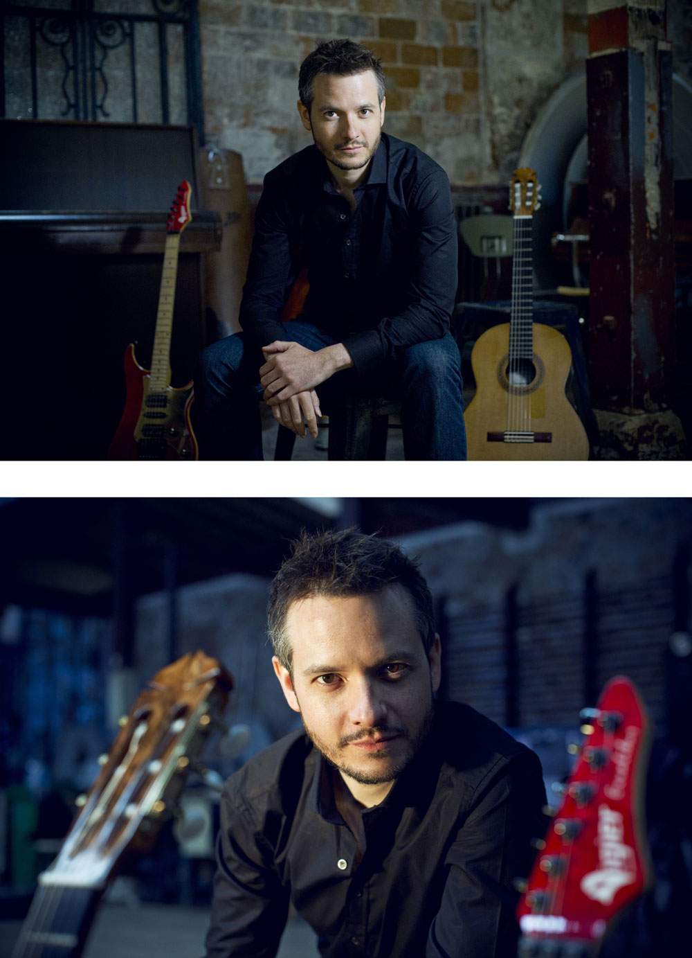 Pierre Bibault pose devant ses guitares